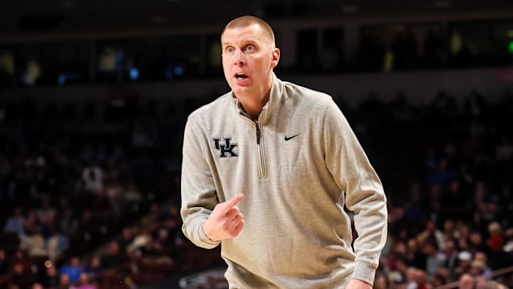 Feb 24, 2026; Columbia, South Carolina, USA; Kentucky Wildcats head coach Mark Pope directs his team against the South Carolina Gamecocks during the first half at Colonial Life Arena. Mandatory Credit: Jeff Blake-Imagn Images