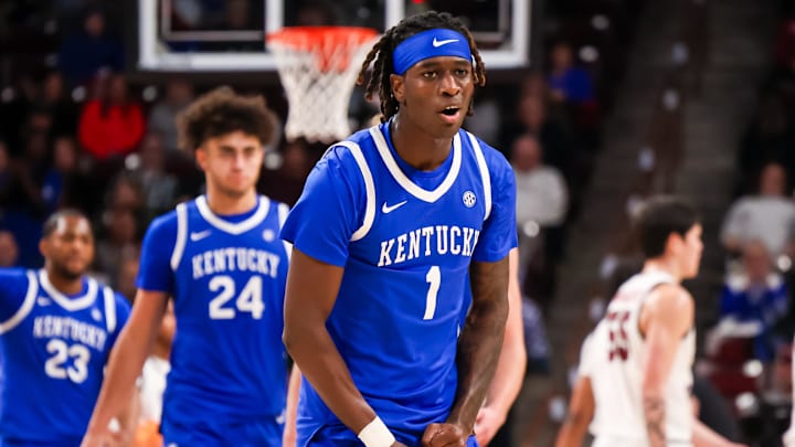 Feb 24, 2026; Columbia, South Carolina, USA; Kentucky Wildcats guard Denzel Aberdeen (1) celebrates a three point basket against the South Carolina Gamecocks during the first half at Colonial Life Arena. Mandatory Credit: Jeff Blake-Imagn Images