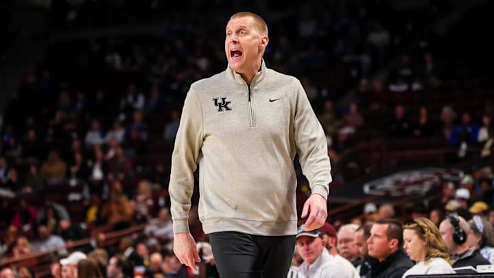 Feb 24, 2026; Columbia, South Carolina, USA; Kentucky Wildcats head coach Mark Pope directs his team against the South Carolina Gamecocks during the first half at Colonial Life Arena. Mandatory Credit: Jeff Blake-Imagn Images