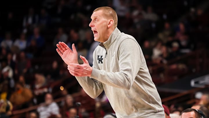 Feb 24, 2026; Columbia, South Carolina, USA; Kentucky Wildcats head coach Mark Pope directs his team against the South Carolina Gamecocks during the first half at Colonial Life Arena. Mandatory Credit: Jeff Blake-Imagn Images