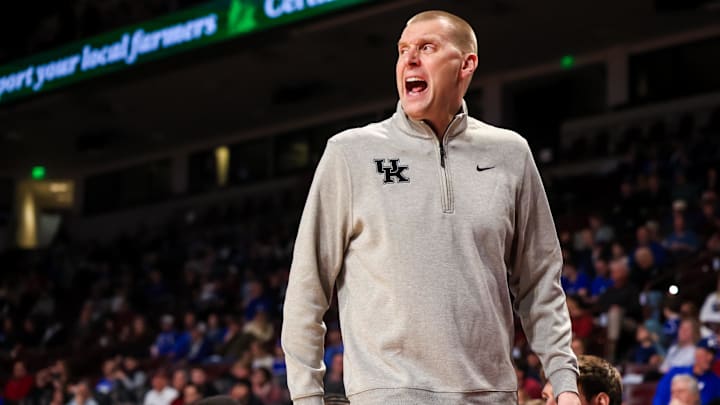 Feb 24, 2026; Columbia, South Carolina, USA; Kentucky Wildcats head coach Mark Pope directs his team against the South Carolina Gamecocks during the first half at Colonial Life Arena. Mandatory Credit: Jeff Blake-Imagn Images Feb 24, 2026; Columbia, South Carolina, USA; Kentucky Wildcats head coach Mark Pope directs his team against the South Carolina Gamecocks during the first half at Colonial Life Arena. Mandatory Credit: Jeff Blake-Imagn Images