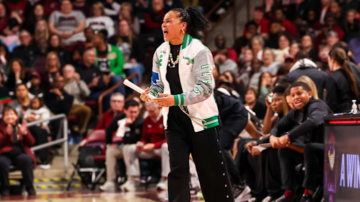 Jan 12, 2025; Columbia, South Carolina, USA; South Carolina Gamecocks head coach Dawn Staley directs her team against the Texas Longhorns in the first half at Colonial Life Arena. Mandatory Credit: Jeff Blake-Imagn Images