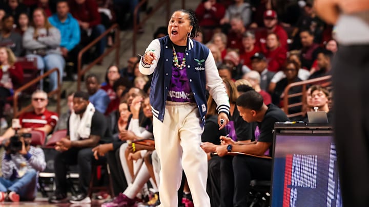 Jan 19, 2025; Columbia, South Carolina, USA; South Carolina Gamecocks head coach Dawn Staley directs her team against the Oklahoma Sooners in the first half at Colonial Life Arena. Mandatory Credit: Jeff Blake-Imagn Images