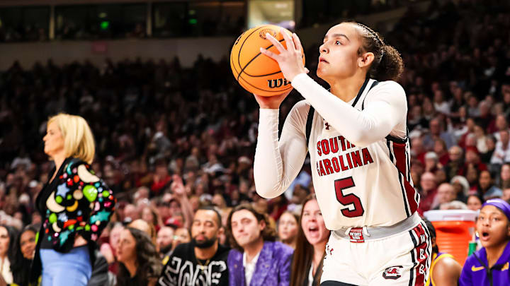 Jan 24, 2025; Columbia, South Carolina, USA; South Carolina Gamecocks guard Tessa Johnson (5) shoots the ball against the LSU Lady Tigers in the first half at Colonial Life Arena. Mandatory Credit: Jeff Blake-Imagn Images