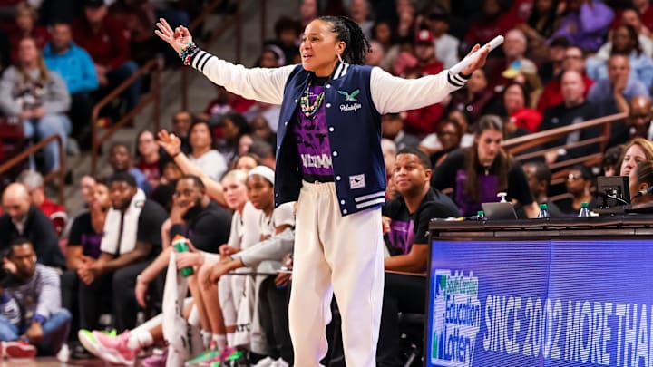 Jan 19, 2025; Columbia, South Carolina, USA; South Carolina Gamecocks head coach Dawn Staley disputes a call against the Oklahoma Sooners in the second half at Colonial Life Arena. Mandatory Credit: Jeff Blake-Imagn Images