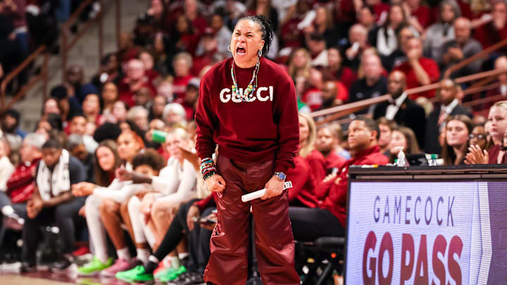 Jan 24, 2025; Columbia, South Carolina, USA; South Carolina Gamecocks head coach Dawn Staley directs her team against the LSU Lady Tigers in the second half at Colonial Life Arena. Mandatory Credit: Jeff Blake-Imagn Images