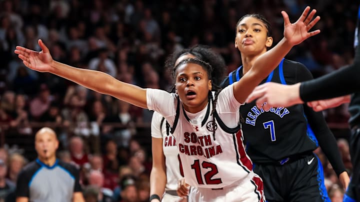 Mar 2, 2025; Columbia, South Carolina, USA; South Carolina Gamecocks guard MiLaysia Fulwiley (12) disputes a call against the Kentucky Wildcats in the second half at Colonial Life Arena. Mandatory Credit: Jeff Blake-Imagn Images