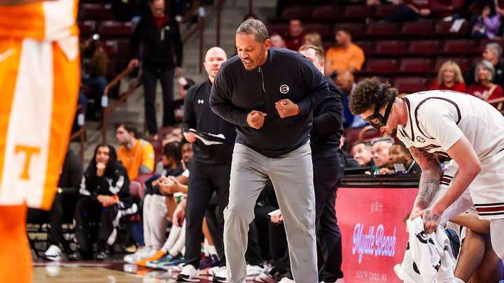 Mar 3, 2026; Columbia, South Carolina, USA; South Carolina Gamecocks head coach Lamont Paris disputes a call by demonstrating what he felt was an offensive foul on the Tennessee Volunteers in the second half at Colonial Life Arena. Mandatory Credit: Jeff Blake-Imagn Images Mar 3, 2026; Columbia, South Carolina, USA; South Carolina Gamecocks head coach Lamont Paris disputes a call by demonstrating what he felt was an offensive foul on the Tennessee Volunteers in the second half at Colonial Life Arena. Mandatory Credit: Jeff Blake-Imagn Images