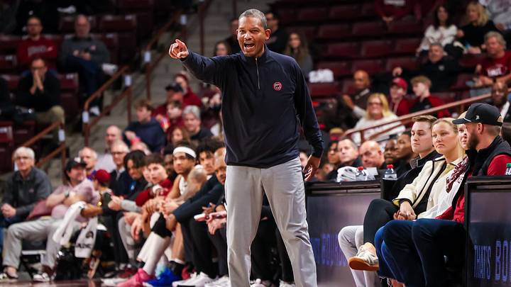 Jan 20, 2026; Columbia, South Carolina, USA; South Carolina Gamecocks head coach Lamont Paris directs his team against the Oklahoma Sooners in the first half at Colonial Life Arena. Mandatory Credit: Jeff Blake-Imagn Images