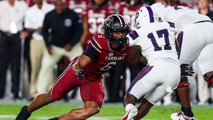 Sep 6, 2025; Columbia, South Carolina, USA; South Carolina Gamecocks linebacker Dylan Stewart (6) brings down South Carolina State Bulldogs running back KZ Adams (17) in the first quarter at Williams-Brice Stadium. Mandatory Credit: Jeff Blake-Imagn Images Sep 6, 2025; Columbia, South Carolina, USA; South Carolina Gamecocks linebacker Dylan Stewart (6) brings down South Carolina State Bulldogs running back KZ Adams (17) in the first quarter at Williams-Brice Stadium. Mandatory Credit: Jeff Blake-Imagn Images