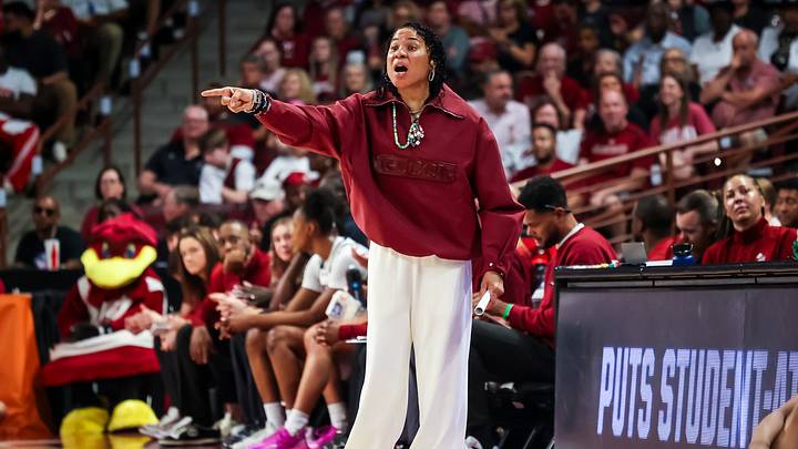 Mar 21, 2026; Columbia, South Carolina, USA; South Carolina Gamecocks head coach Dawn Staley directs her team against the Southern Jaguars in the first half at Colonial Life Arena. Mandatory Credit: Jeff Blake-Imagn Images