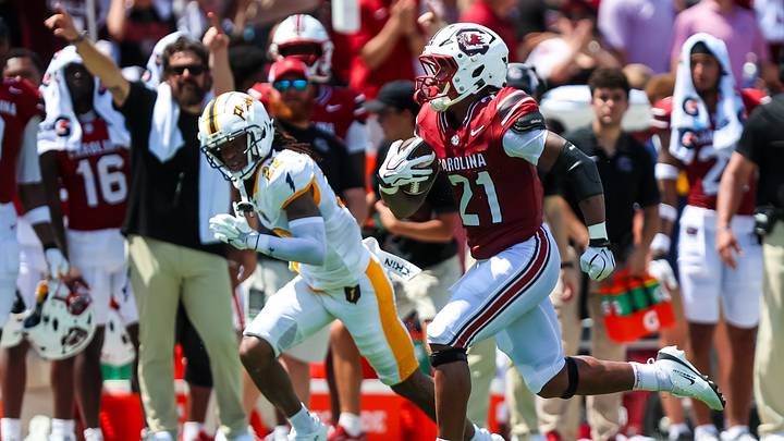 Sep 5, 2026; Columbia, South Carolina, USA;  South Carolina Gamecocks running back Jabree Coleman (21) rushes for a long touchdown against the Kent State Golden Flashes in the second quarter at Williams-Brice Stadium.  Mandatory Credit: Jeff Blake-Imagn Images