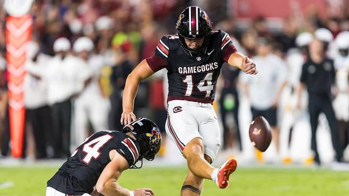 Sep 12, 2026; Columbia, South Carolina, USA;  South Carolina Gamecocks kicker Max Kelley (14) kicks an extra point in the second quarter at Williams-Brice Stadium.  Mandatory Credit: Jeff Blake-Imagn Images