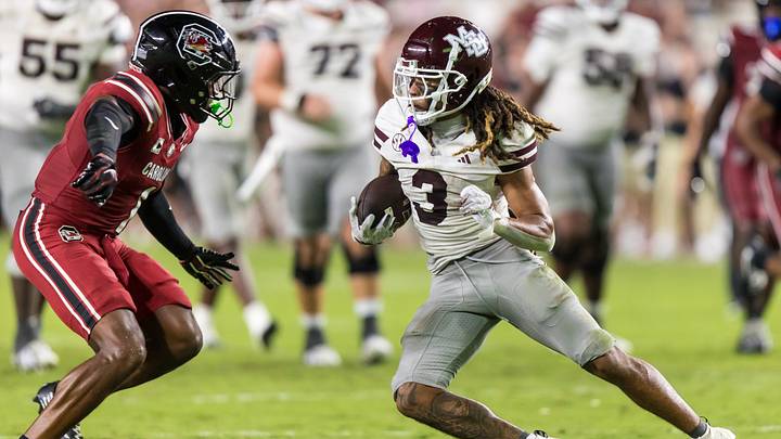 Sep 19, 2026; Columbia, South Carolina, USA;  Mississippi State Bulldogs wide receiver Anthony Evans III (3) attempts to get past South Carolina Gamecocks defensive back Gerald Kilgore (1) in the second half at Williams-Brice Stadium.  Mandatory Credit: Jeff Blake-Imagn Images