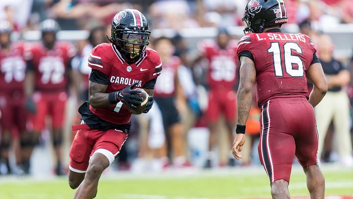 Sep 19, 2026; Columbia, South Carolina, USA;  South Carolina Gamecocks wide receiver Nitro Tuggle (1) takes the reverse from quarterback LaNorris Sellers (16) against the Mississippi State Bulldogs in the second quarter at Williams-Brice Stadium.  Mandatory Credit: Jeff Blake-Imagn Images