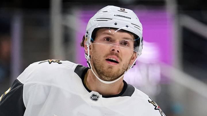 Oct 9, 2025; San Jose, California, USA; Vegas Golden Knights defenseman Jeremy Lauzon (5) looks on during a timeout against the San Jose Sharks in the first period at SAP Center at San Jose. Mandatory Credit: Robert Edwards-Imagn Images Oct 9, 2025; San Jose, California, USA; Vegas Golden Knights defenseman Jeremy Lauzon (5) looks on during a timeout against the San Jose Sharks in the first period at SAP Center at San Jose. Mandatory Credit: Robert Edwards-Imagn Images