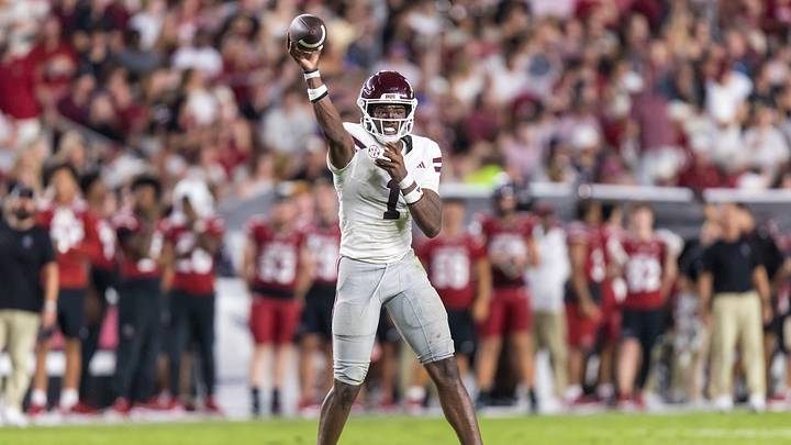 Sep 19, 2026; Columbia, South Carolina, USA; Mississippi State Bulldogs quarterback Kamario Taylor (1) passes against the South Carolina Gamecocks in the second half at Williams-Brice Stadium. Mandatory Credit: Jeff Blake-Imagn Images Sep 19, 2026; Columbia, South Carolina, USA; Mississippi State Bulldogs quarterback Kamario Taylor (1) passes against the South Carolina Gamecocks in the second half at Williams-Brice Stadium. Mandatory Credit: Jeff Blake-Imagn Images