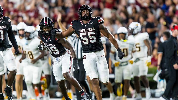 Sep 12, 2026; Columbia, South Carolina, USA; South Carolina Gamecocks defensive lineman Julian Walker (55) celebrates a sack against the Towson Tigers in the second quarter at Williams-Brice Stadium. Mandatory Credit: Jeff Blake-Imagn Images Sep 12, 2026; Columbia, South Carolina, USA; South Carolina Gamecocks defensive lineman Julian Walker (55) celebrates a sack against the Towson Tigers in the second quarter at Williams-Brice Stadium. Mandatory Credit: Jeff Blake-Imagn Images
