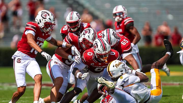 Sep 5, 2026; Columbia, South Carolina, USA; Kent State Golden Flashes wide receiver Da'realyst Clark (8) is brought down by the South Carolina Gamecocks defense in the third quarter at Williams-Brice Stadium. Mandatory Credit: Jeff Blake-Imagn Images Sep 5, 2026; Columbia, South Carolina, USA; Kent State Golden Flashes wide receiver Da'realyst Clark (8) is brought down by the South Carolina Gamecocks defense in the third quarter at Williams-Brice Stadium. Mandatory Credit: Jeff Blake-Imagn Images