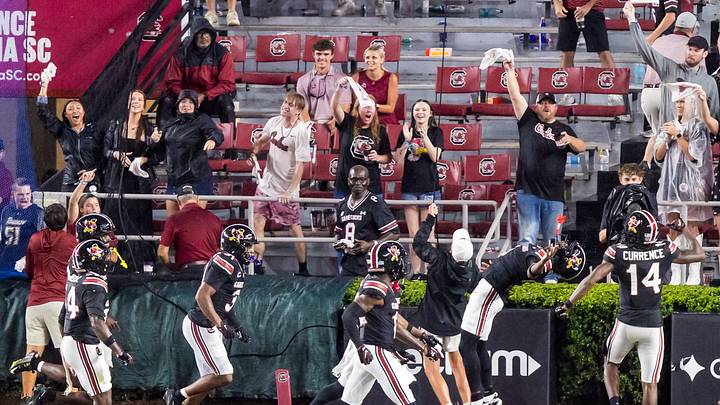 Sep 12, 2026; Columbia, South Carolina, USA; South Carolina Gamecocks defensive back Vicari Swain (4) does a backflip after returning a punt for a touchdown, his second of the game, against the Towson Tigers in the third quarter at Williams-Brice Stadium. Mandatory Credit: Jeff Blake-Imagn Images Sep 12, 2026; Columbia, South Carolina, USA; South Carolina Gamecocks defensive back Vicari Swain (4) does a backflip after returning a punt for a touchdown, his second of the game, against the Towson Tigers in the third quarter at Williams-Brice Stadium. Mandatory Credit: Jeff Blake-Imagn Images
