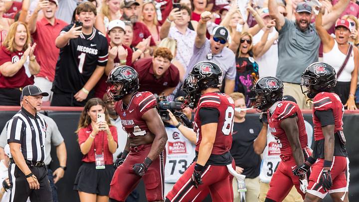 Sep 19, 2026; Columbia, South Carolina, USA;  South Carolina Gamecocks tight end Maurice Brown II (44) celebrates a touchdown reception against the Mississippi State Bulldogs in the first quarter at Williams-Brice Stadium.  Mandatory Credit: Jeff Blake-Imagn Images