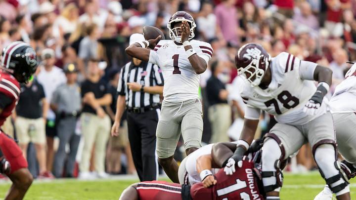 Sep 19, 2026; Columbia, South Carolina, USA; Mississippi State Bulldogs quarterback Kamario Taylor (1) passes against the South Carolina Gamecocks in the second quarter at Williams-Brice Stadium. Mandatory Credit: Jeff Blake-Imagn Images Sep 19, 2026; Columbia, South Carolina, USA; Mississippi State Bulldogs quarterback Kamario Taylor (1) passes against the South Carolina Gamecocks in the second quarter at Williams-Brice Stadium. Mandatory Credit: Jeff Blake-Imagn Images