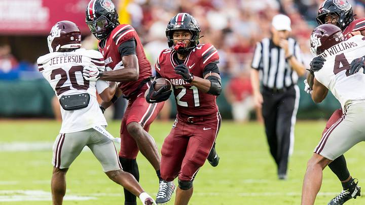 Sep 19, 2026; Columbia, South Carolina, USA; South Carolina Gamecocks running back Jabree Coleman (21) rushes against the Mississippi State Bulldogs in the second quarter at Williams-Brice Stadium. Mandatory Credit: Jeff Blake-Imagn Images Sep 19, 2026; Columbia, South Carolina, USA; South Carolina Gamecocks running back Jabree Coleman (21) rushes against the Mississippi State Bulldogs in the second quarter at Williams-Brice Stadium. Mandatory Credit: Jeff Blake-Imagn Images