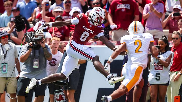 Sep 5, 2026; Columbia, South Carolina, USA;  South Carolina Gamecocks wide receiver Nyck Harbor (8) leaps but falls short of the goal line against the Kent State Golden Flashes in the first quarter at Williams-Brice Stadium.  Mandatory Credit: Jeff Blake-Imagn Images