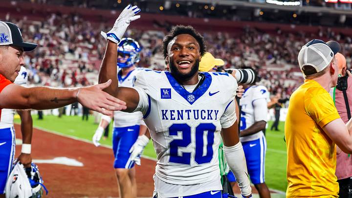 Oct 3, 2026; Columbia, South Carolina, USA; Kentucky Wildcats defensive back Terhyon Nichols (20) celebrates following their overtime win against the South Carolina Gamecocks at Williams-Brice Stadium. Mandatory Credit: Jeff Blake-Imagn Images Oct 3, 2026; Columbia, South Carolina, USA; Kentucky Wildcats defensive back Terhyon Nichols (20) celebrates following their overtime win against the South Carolina Gamecocks at Williams-Brice Stadium. Mandatory Credit: Jeff Blake-Imagn Images
