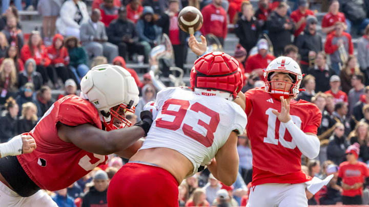 Nebraska quarterback Anthony Colandrea fires a pass to a receiver during the 2026 Red-White Spring Game.