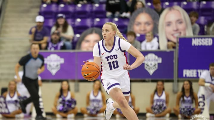 Hailey Van Lith brings the ball up the court in TCU's game against New Orleans. 