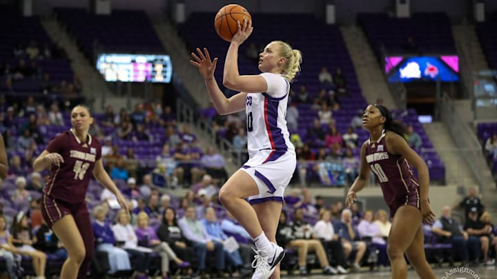 Hailey Van Lith shoots a runner in TCU's win over Texas State on November 13, 2024.