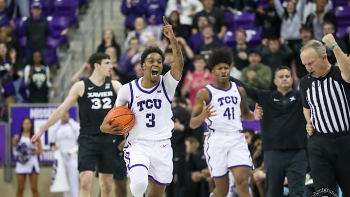 Vasean Allette celebrates TCU's win over Xavier on Thursday, December 5. 