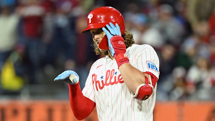 Apr 28, 2026; Philadelphia, Pennsylvania, USA; Philadelphia Phillies third baseman Alec Bohm (28) celebrates his RBI double against the San Francisco Giants during the sixth inning at Citizens Bank Park. Mandatory Credit: Eric Hartline-Imagn Images
