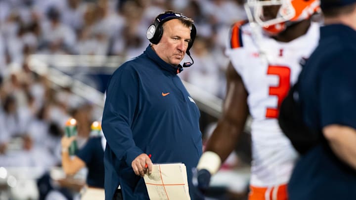Illinois head football coach Bret Bielema during the second quarter of a Big Ten football game against Penn State, Saturday, Sept. 28, 2024, in State College, Pa.