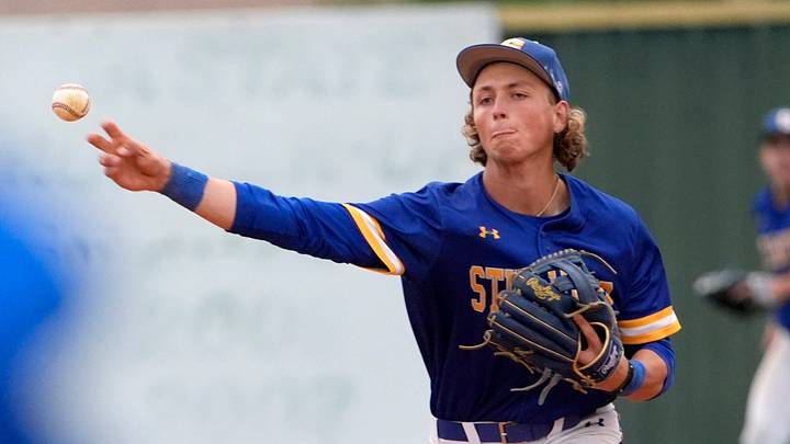 Stillwater's Ethan Holliday throws to first for an out during the high school baseball game between Fort Cobb-Broxton and Stillwater at Edmond Santa Fe High School in Edmond, Okla., Friday, April, 18, 2025. Stillwater's Ethan Holliday throws to first for an out during the high school baseball game between Fort Cobb-Broxton and Stillwater at Edmond Santa Fe High School in Edmond, Okla., Friday, April, 18, 2025.