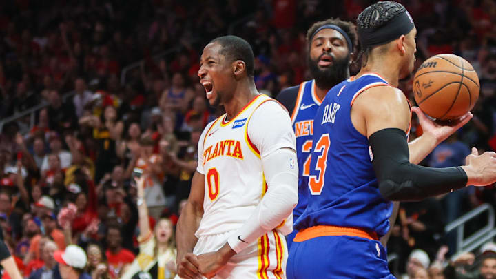 Apr 23, 2026; Atlanta, Georgia, USA; Atlanta Hawks forward Jonathan Kuminga (0) reacts after a basket against the New York Knicks in the fourth quarter during game three of the first round of the 2026 NBA Playoffs at State Farm Arena. Mandatory Credit: Brett Davis-Imagn Images
