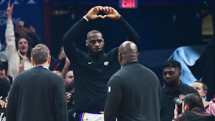 Nov 25, 2023; Cleveland, Ohio, USA; Los Angeles Lakers forward LeBron James (23) acknowledges the crowd during the first half of the game between the Cleveland Cavaliers and the Lakers at Rocket Mortgage FieldHouse. Mandatory Credit: Ken Blaze-Imagn Images
