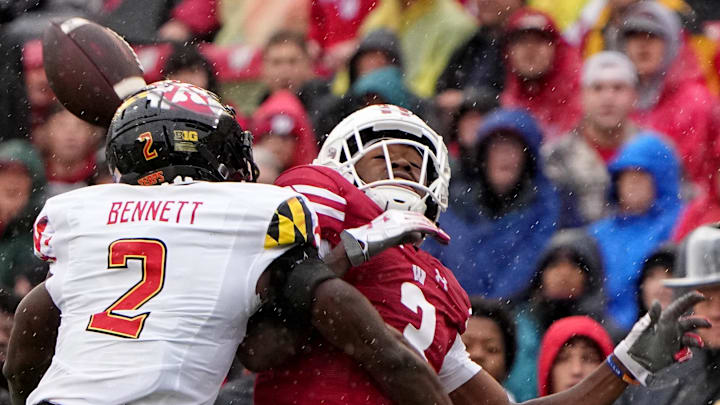 Nov 5, 2022; Madison, Wisconsin, USA; Maryland Terrapins  defensive back Jakorian Bennett (2) is penalized for pass interference while covering Wisconsin Badgers wide receiver Keontez Lewis (3) during the second quarter at Camp Randall Stadium. Mandatory Credit: Mark Hoffman/Milwaukee Journal Sentinel via USA TODAY NETWORK