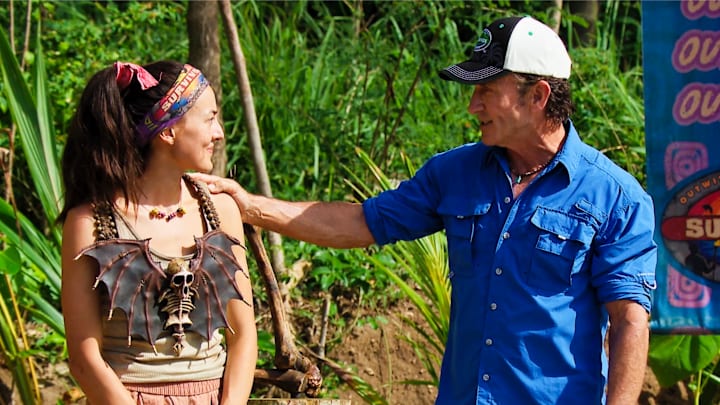“SURVIVOR 47 - Rachel LaMond (left) wins the necklace again from Jeff Probst (right) - Wednesdays on the CBS Television Network and available to stream on Paramount+*