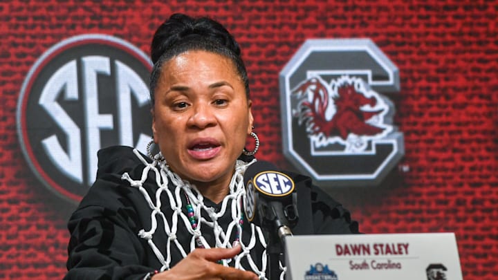 South Carolina Coach Dawn Staley talks with media after USC beat LSU for the SEC Women's Basketball Tournament Championship at the Bon Secours Wellness Arena in Greenville, S.C. Sunday, March 10, 2024.