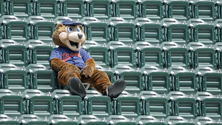 T.C., mascot for the Minnesota Twins, sits alone in the upper concourse of Target Field. Mandatory Credit: Bruce Kluckhohn-Imagn Images
