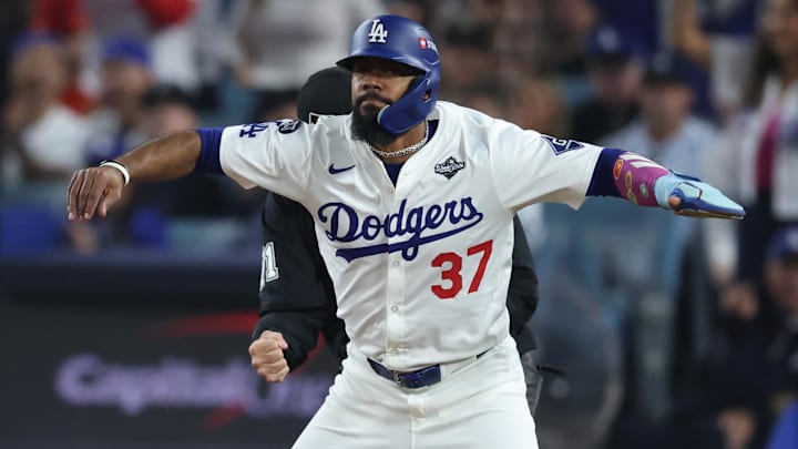 Oct 27, 2025; Los Angeles, California, USA; Los Angeles Dodgers right fielder Teoscar Hernandez (37) reacts after being tagged out during the sixth inning against the Los Angeles Dodgers in game three of the 2025 MLB World Series at Dodger Stadium. Mandatory Credit: Kiyoshi Mio-Imagn Images