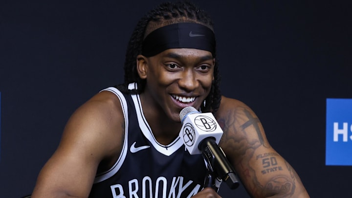 Sep 23, 2025; Brooklyn, NY, USA; Brooklyn Nets guard Terance Mann (14) speaks at Media Day. Mandatory Credit: Wendell Cruz-Imagn Images