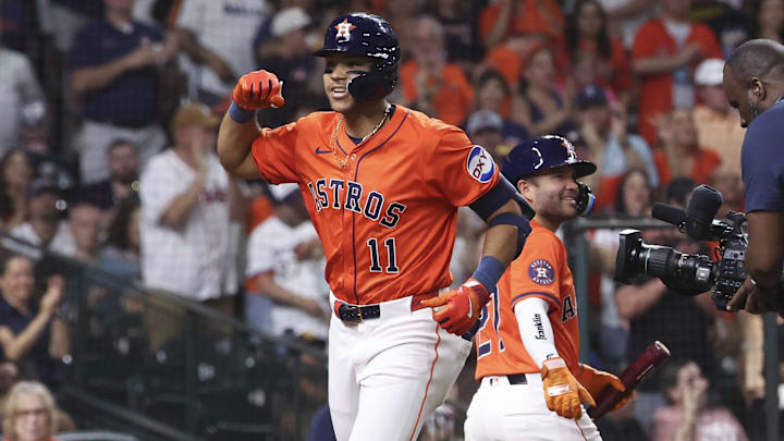 Apr 18, 2025; Houston, Texas, USA; Houston Astros right fielder Cam Smith (11) celebrates after hitting a home run during the fourth inning against the San Diego Padres at Daikin Park. Mandatory Credit: Troy Taormina-Imagn Images