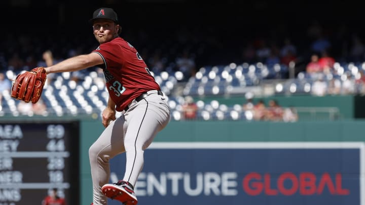 Jun 19, 2024; Washington, District of Columbia, USA; Arizona Diamondbacks starting pitcher Brandon Pfaadt (32) pitches against the Washington Nationals during the first inning at Nationals Park. Mandatory Credit: Geoff Burke-USA TODAY Sports