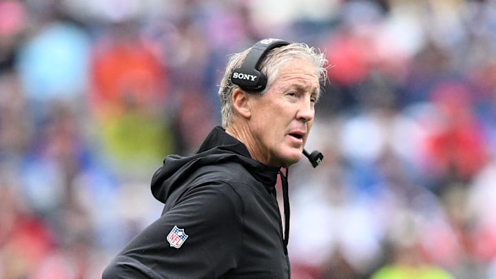 Sep 7, 2025; Foxborough, Massachusetts, USA; Las Vegas Raiders head coach Pete Carroll in the first half against the New England Patriots at Gillette Stadium. Mandatory Credit: Brian Fluharty-Imagn Images