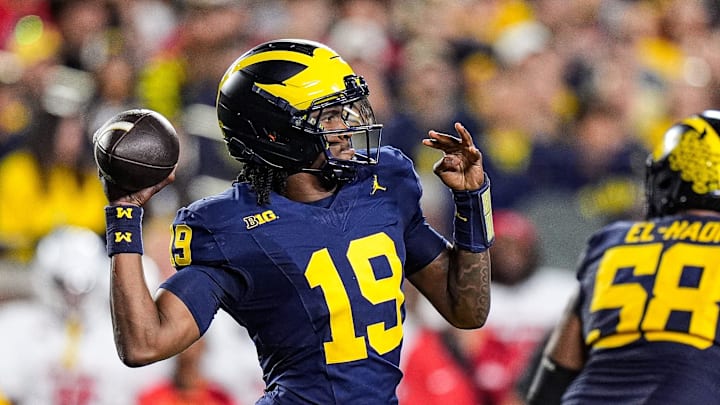 Michigan quarterback Bryce Underwood passes against New Mexico during the first half at Michigan Stadium in Ann Arbor on Saturday, August 30, 2025. Michigan quarterback Bryce Underwood passes against New Mexico during the first half at Michigan Stadium in Ann Arbor on Saturday, August 30, 2025.