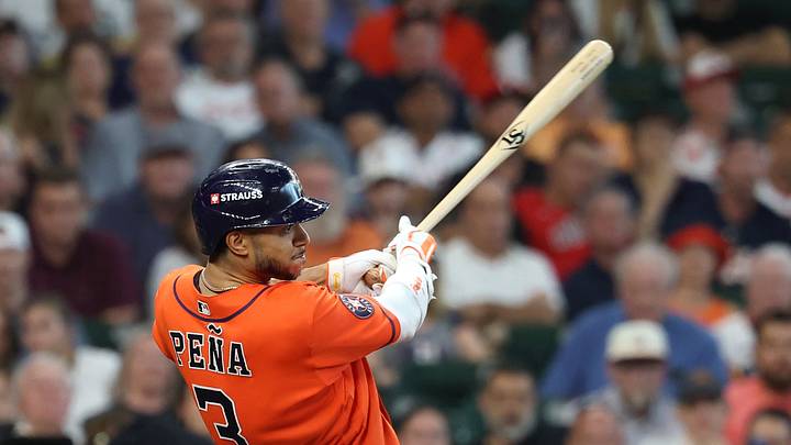 Sep 30, 2026; Houston, Texas, USA;  Houston Astros shortstop Jeremy Pena (3) hits a single against the Chicago White Sox in the fifth inning during game two of the Wildcard round for the 2026 MLB Playoffs at Daikin Park.  Mandatory Credit: Troy Taormina-Imagn Images