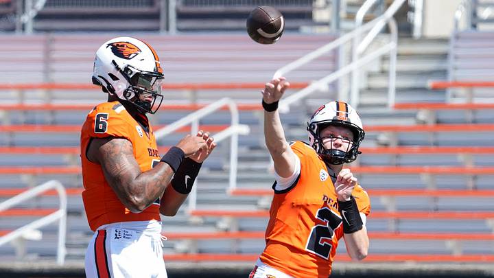 Oregon State's Braden Atkinson (2) throws the ball before the Oregon State Spring Game at Reser Stadium on Saturday, April 25, 2026, in Corvallis, Ore.